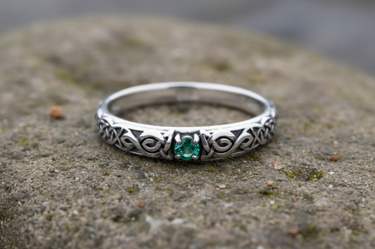 vkngjewelry Rings Lab Emerald Silver Celtic Ring, Green Stone Viking Wedding Band