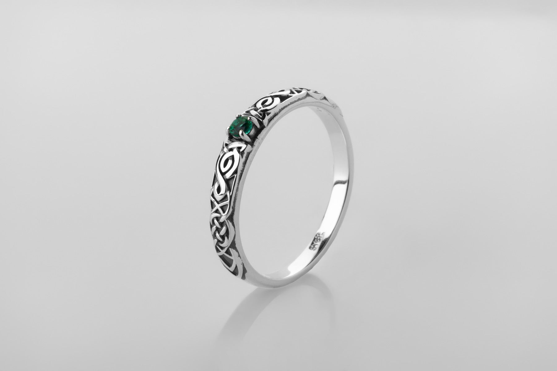 vkngjewelry Rings Lab Emerald Silver Celtic Ring, Green Stone Viking Wedding Band