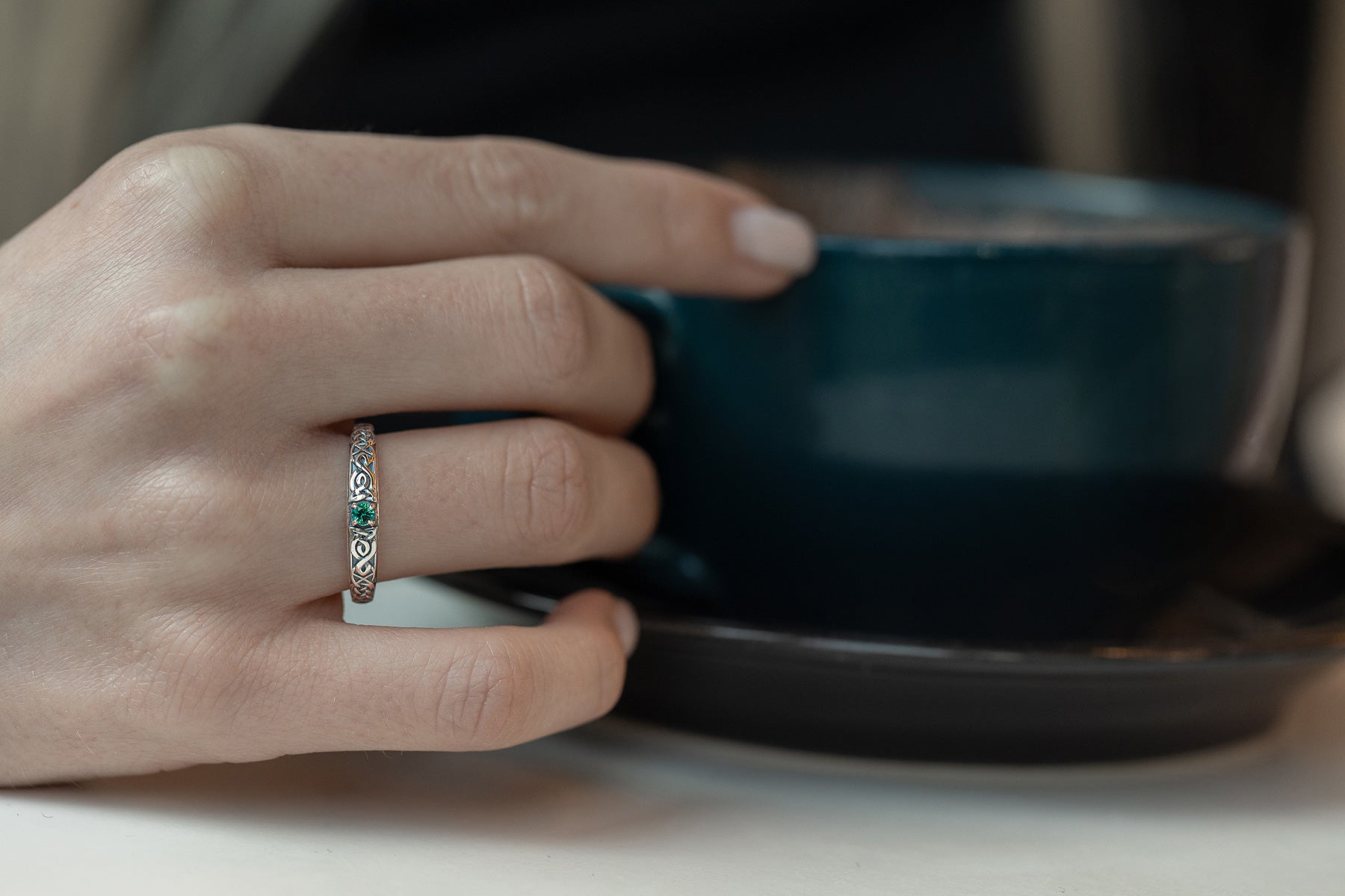 vkngjewelry Rings Lab Emerald Silver Celtic Ring, Green Stone Viking Wedding Band