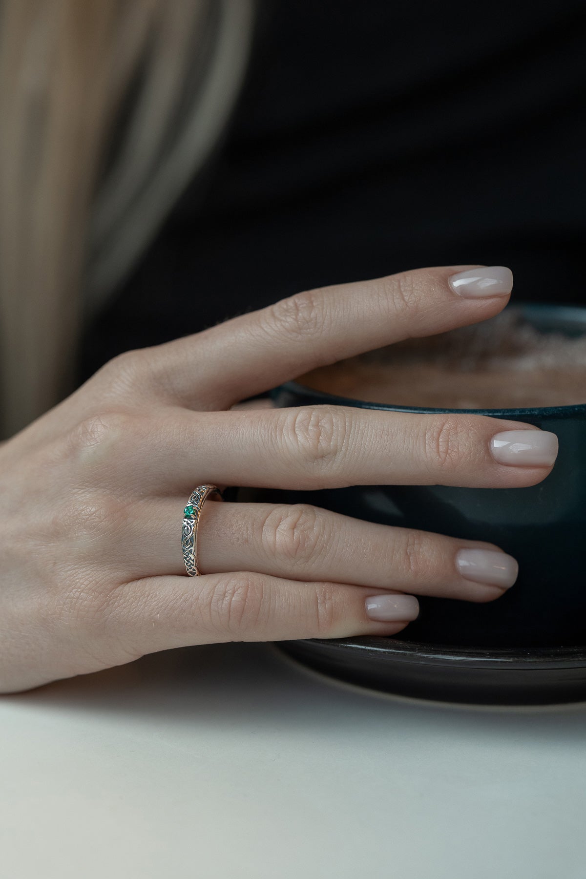 vkngjewelry Rings Lab Emerald Silver Celtic Ring, Green Stone Viking Wedding Band