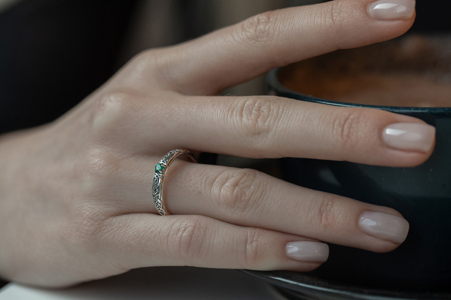 vkngjewelry Rings Lab Emerald Silver Celtic Ring, Green Stone Viking Wedding Band