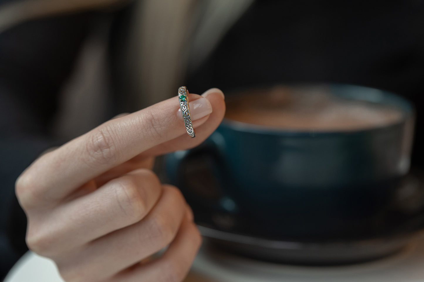 vkngjewelry Rings Lab Emerald Silver Celtic Ring, Green Stone Viking Wedding Band