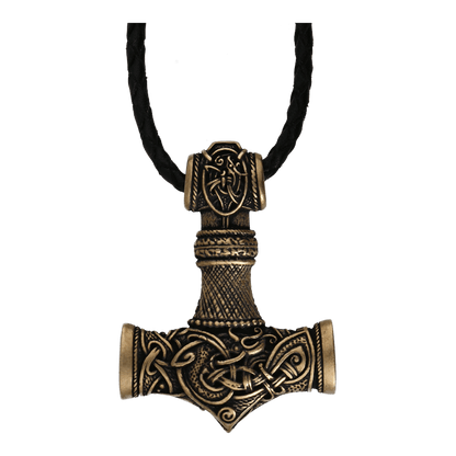 vkngjewelry Pendant Bronze Amulet Thor Hammer Braided Leather [Large]