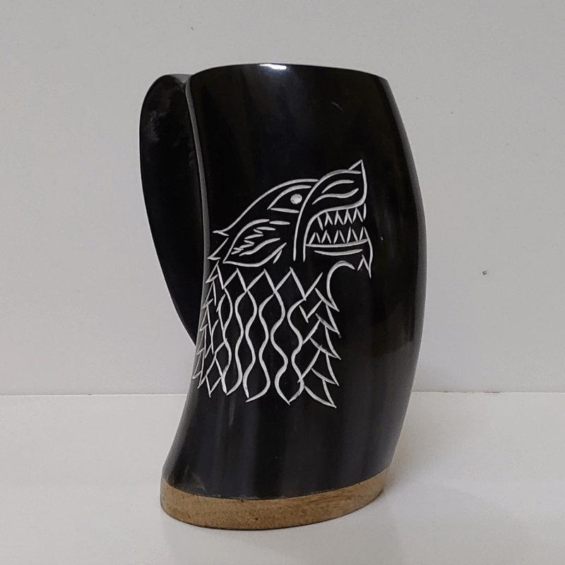 vkngjewelry home Line Carved / Wolf Carved Polished Horn Mug