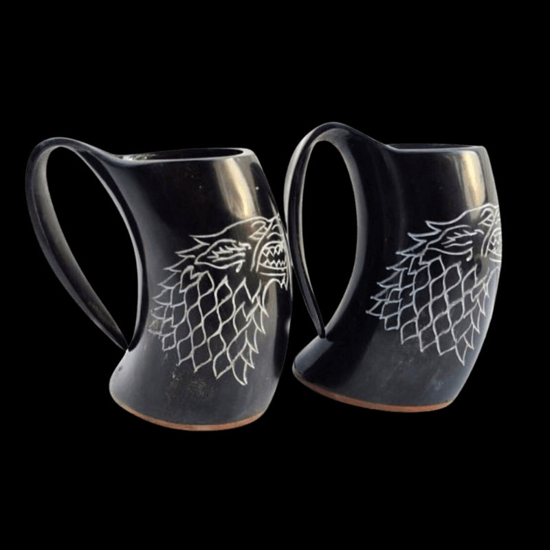 vkngjewelry home Handmade Line Carved / Wolf Carved Polished Horn Mug