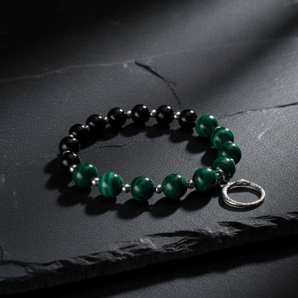 vkngjewelry Bracelet Malachite, Black Agate and Hematite Bracelet with Ouroboros