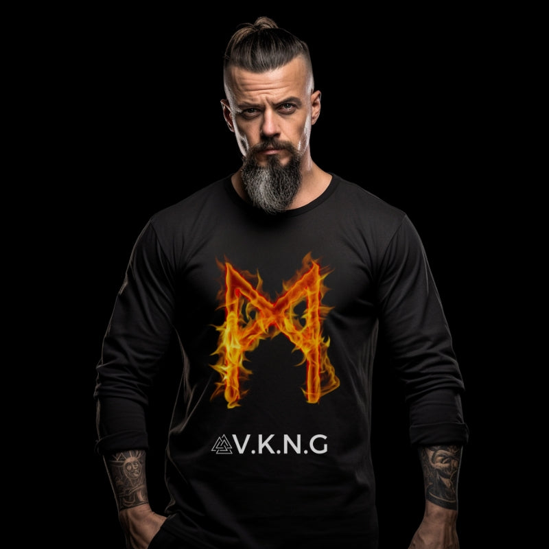 Printify Long-sleeve Mannaz Flaming Rune V.K.N.G™ Long Sleeve