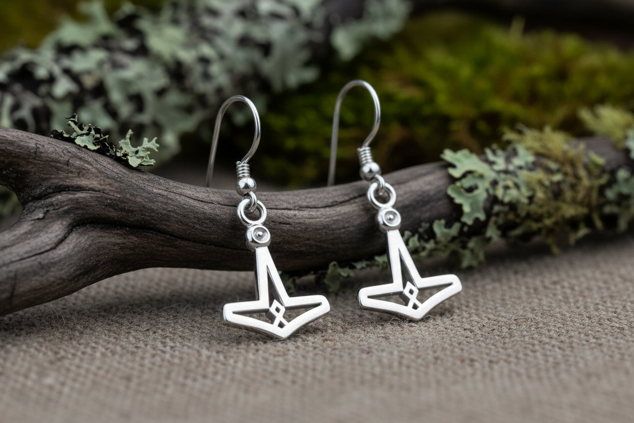 vkngjewelry Earrings Mjolnir Othala Rune Earrings, Silver Heritage Symbol