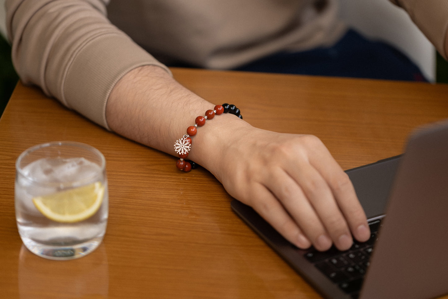 vkngjewelry Bracelet Natural Stone Bracelet with Red Jasper, Black Agate, Hematite & Helm of Awe Charm