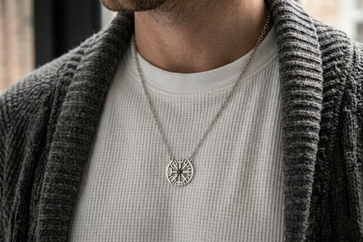 vkngjewelry Pendant Nordic Vegvísir Silver Compass Pendant Necklace