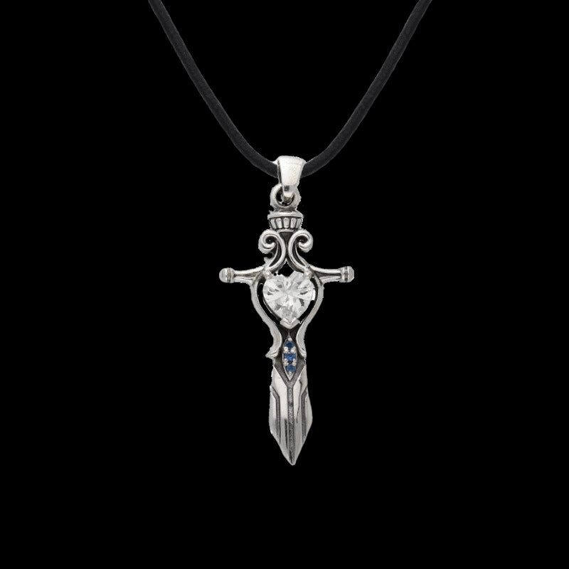 vkngjewelry Pendant Handcrafted Norse Sword Cubic Heart Zirconia Silver Sterling Pendant