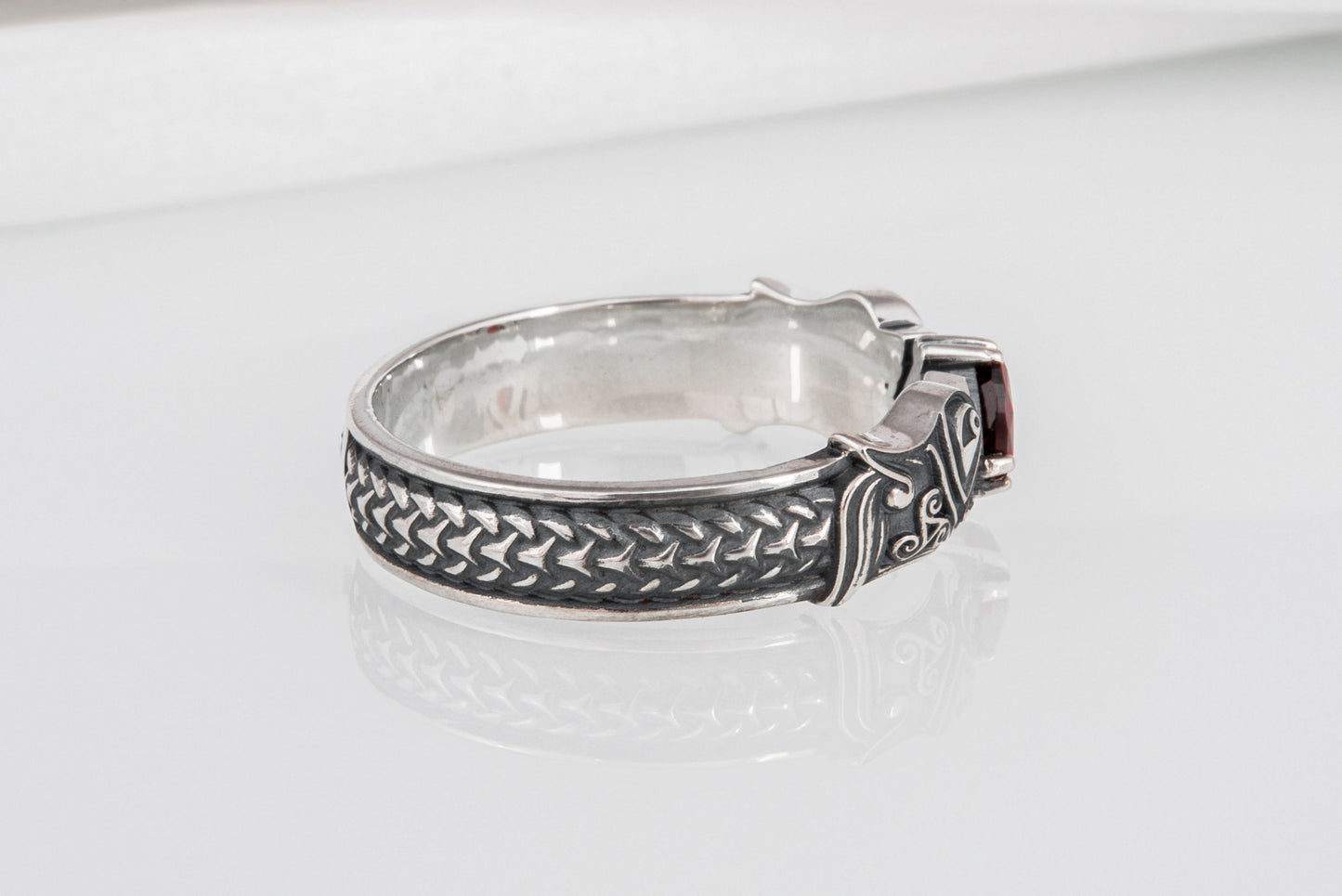 vkngjewelry Ring Handcrafted Norse Wolf Fenrir Red Gem Sterling Silver Ring