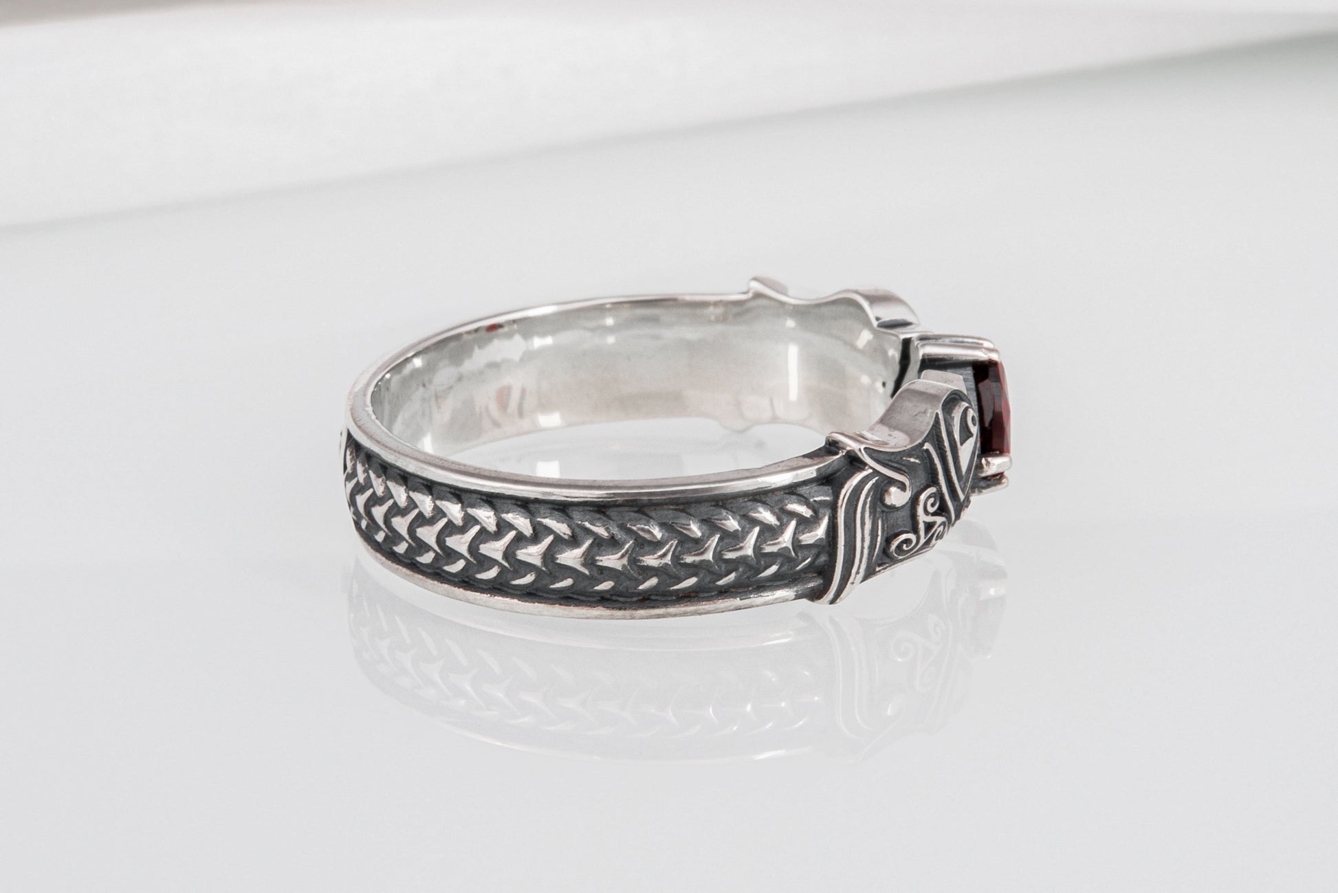 vkngjewelry Ring Handcrafted Norse Wolf Fenrir Red Gem Sterling Silver Ring