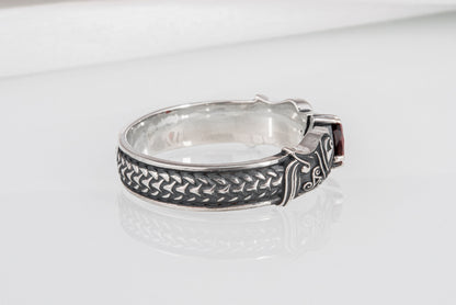 vkngjewelry Ring Handcrafted Norse Wolf Fenrir Red Gem Sterling Silver Ring