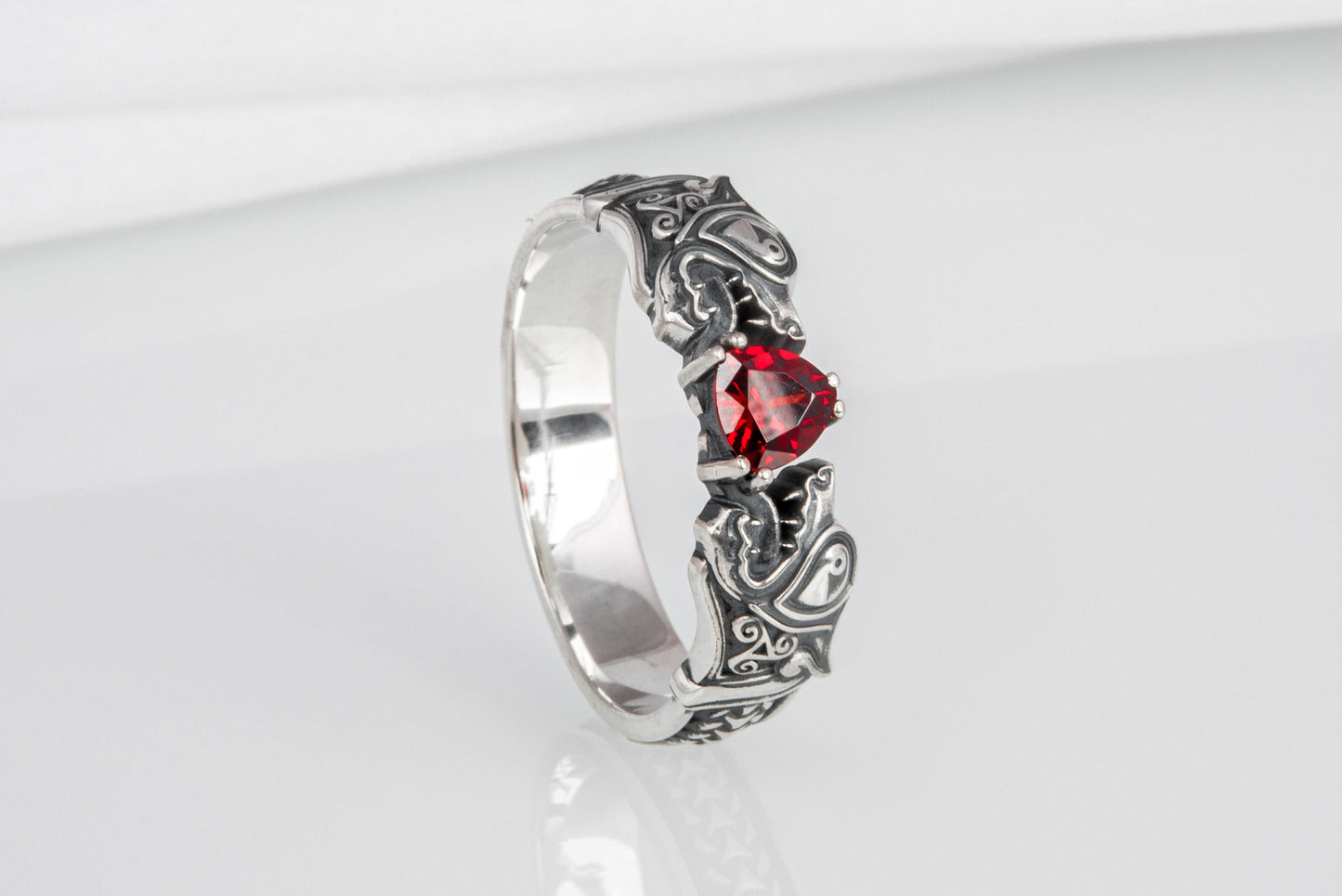 vkngjewelry Ring Handcrafted Norse Wolf Fenrir Red Gem Sterling Silver Ring