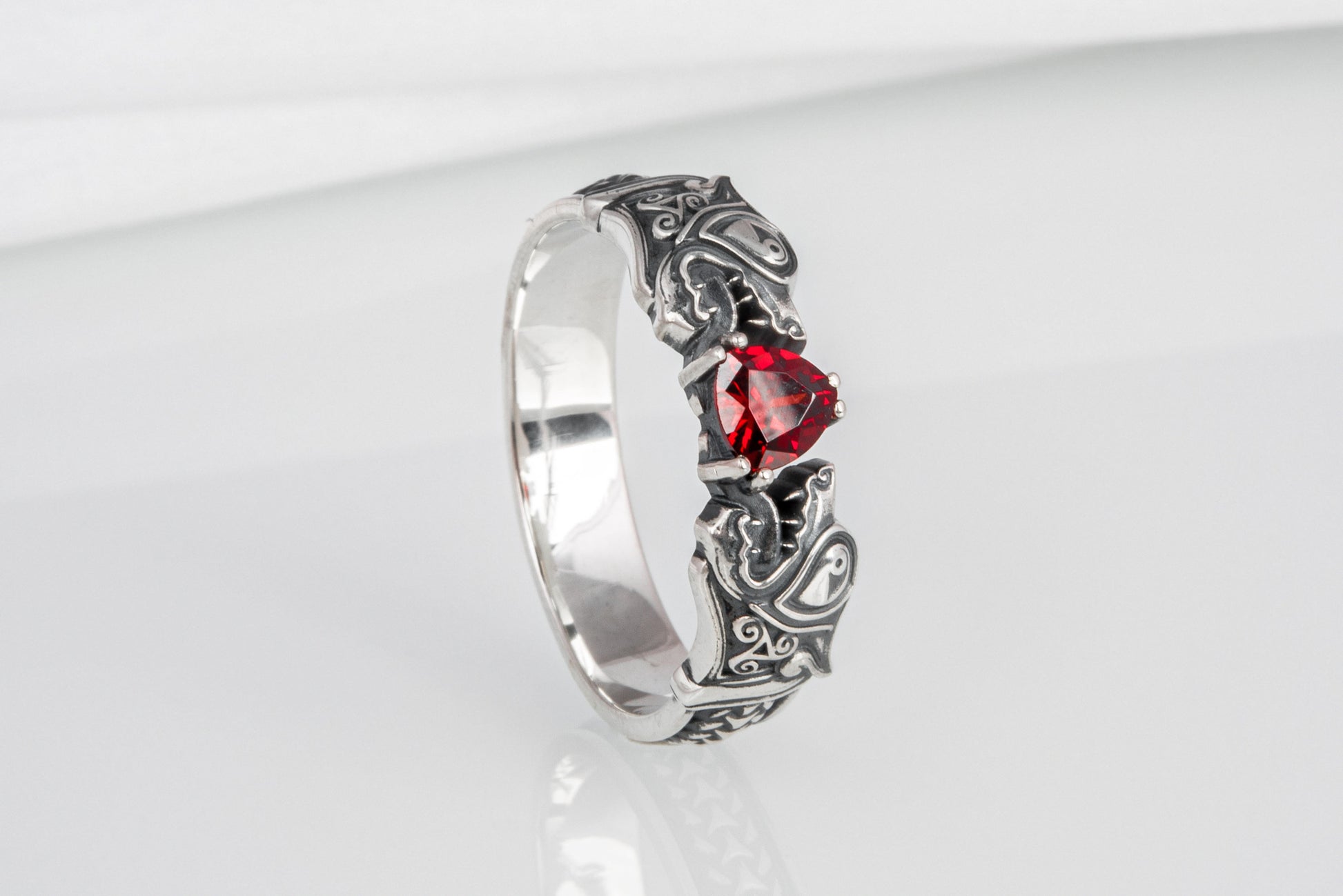 vkngjewelry Ring Handcrafted Norse Wolf Fenrir Red Gem Sterling Silver Ring