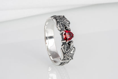 vkngjewelry Ring Handcrafted Norse Wolf Fenrir Red Gem Sterling Silver Ring