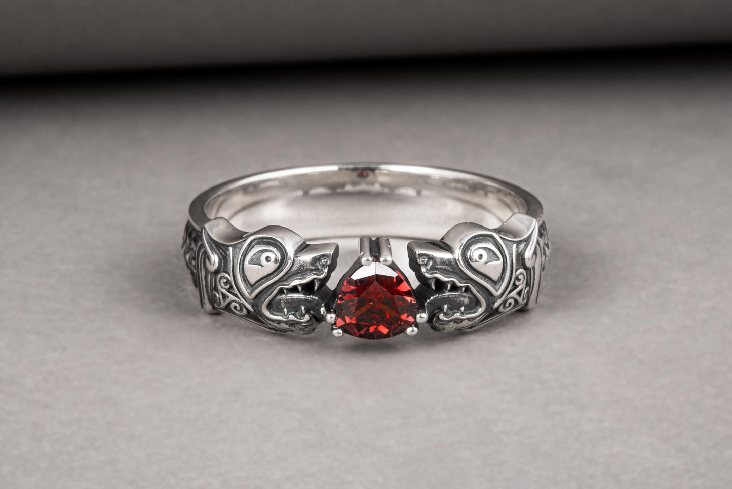 vkngjewelry Ring Handcrafted Norse Wolf Fenrir Red Gem Sterling Silver Ring