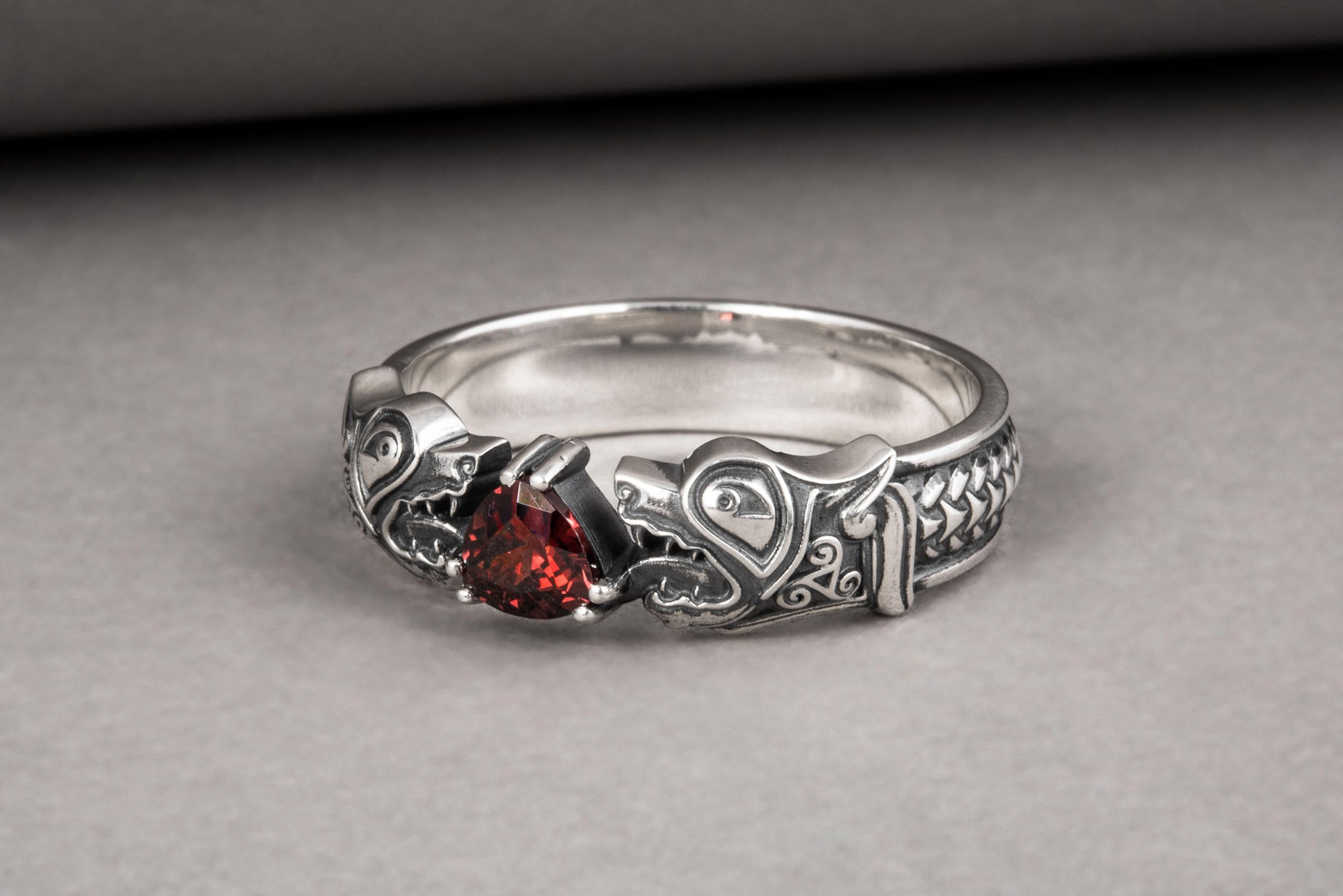 vkngjewelry Ring Handcrafted Norse Wolf Fenrir Red Gem Sterling Silver Ring