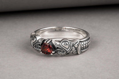 vkngjewelry Ring Handcrafted Norse Wolf Fenrir Red Gem Sterling Silver Ring