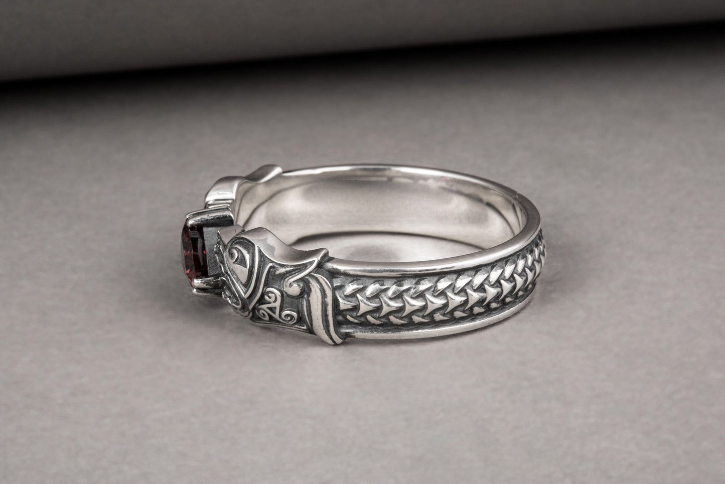 vkngjewelry Ring Handcrafted Norse Wolf Fenrir Red Gem Sterling Silver Ring