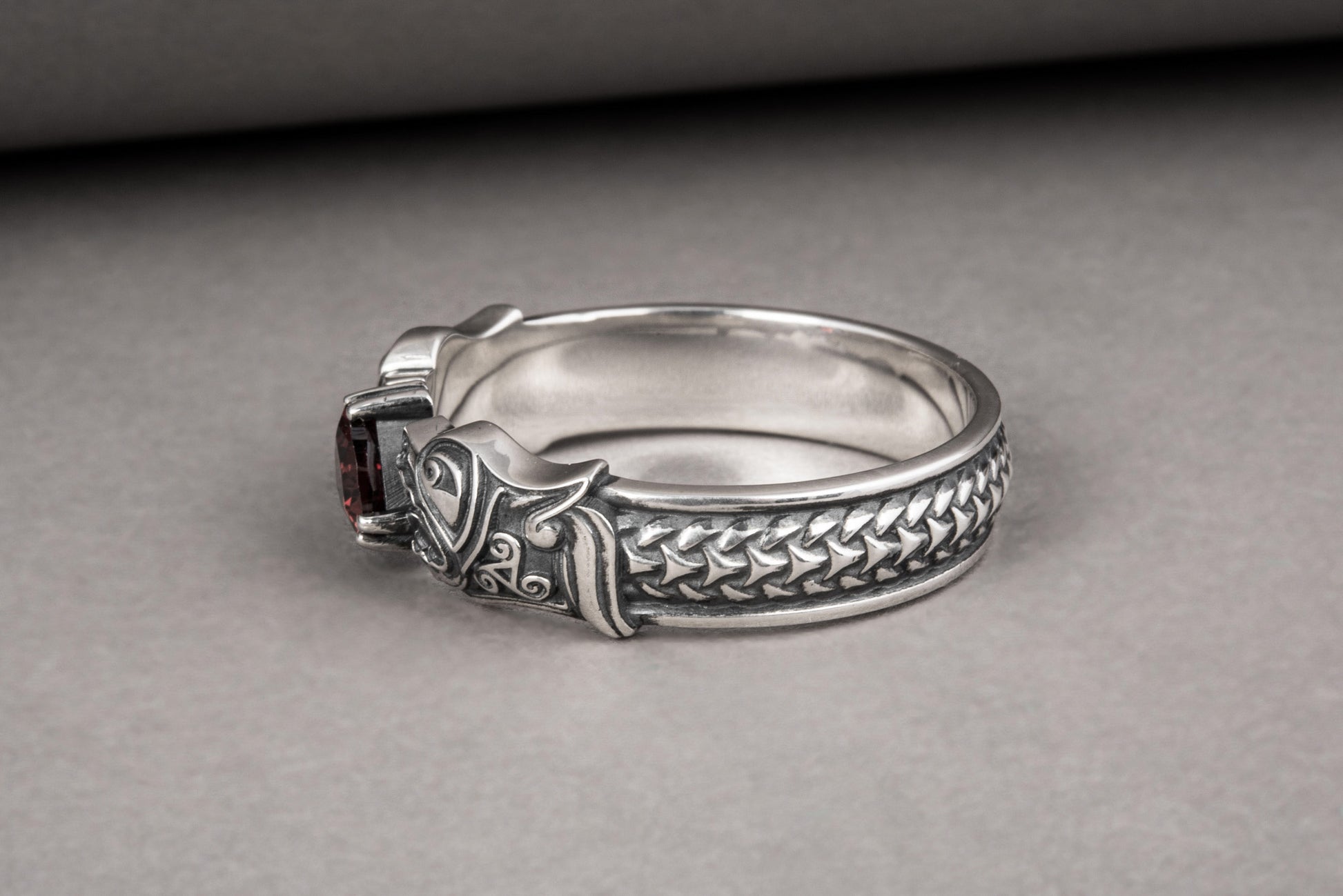 vkngjewelry Ring Handcrafted Norse Wolf Fenrir Red Gem Sterling Silver Ring