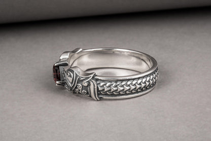 vkngjewelry Ring Handcrafted Norse Wolf Fenrir Red Gem Sterling Silver Ring