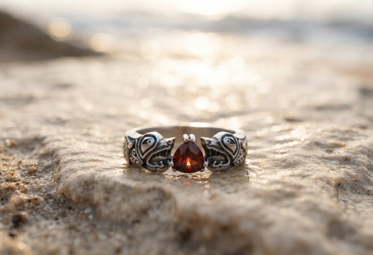 vkngjewelry Ring Handcrafted Norse Wolf Fenrir Red Gem Sterling Silver Ring