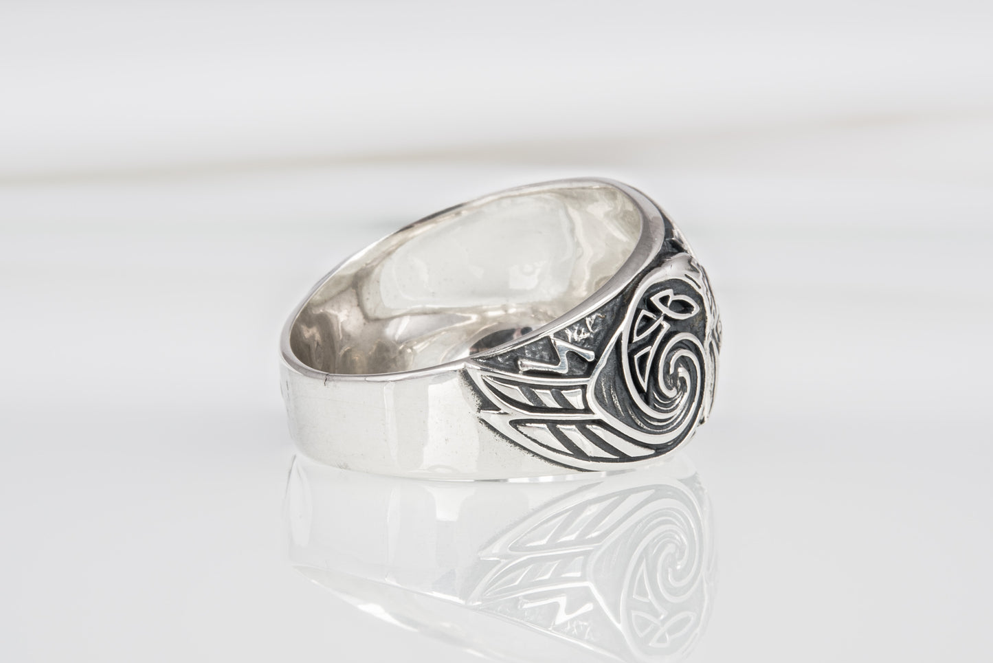 vkngjewelry Ring Handcrafted Odin Horns Ancient Ravens Side Sterling Silver Ring