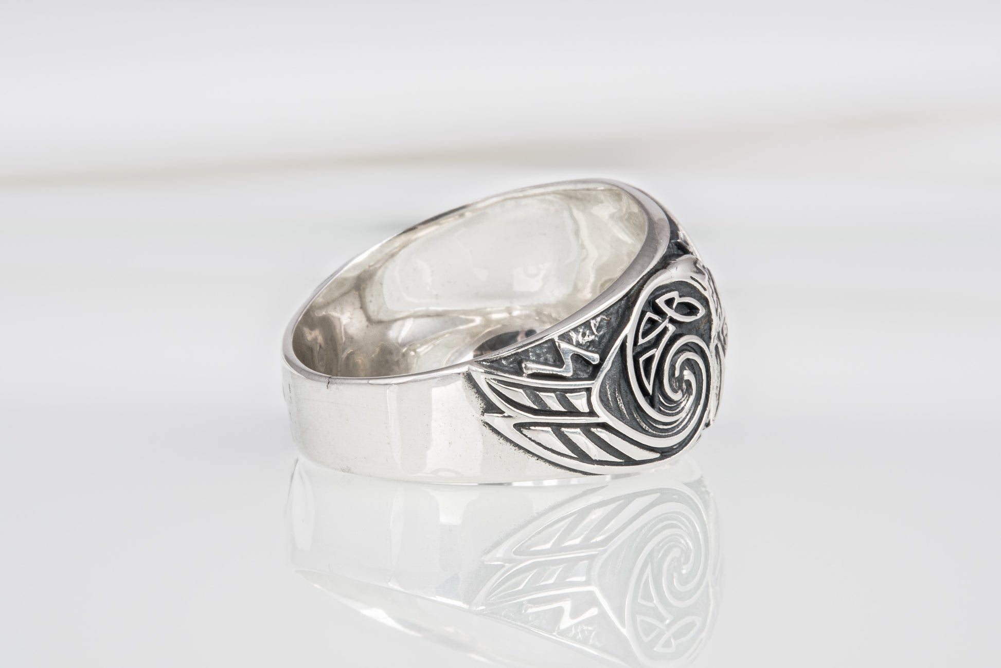 vkngjewelry Ring Handcrafted Odin Horns Ancient Ravens Side Sterling Silver Ring