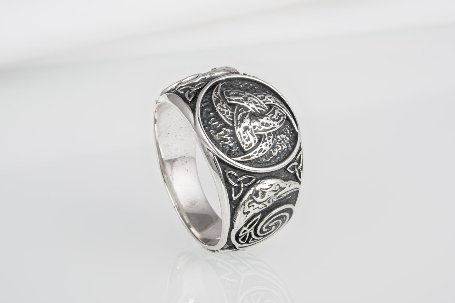 vkngjewelry Ring Handcrafted Odin Horns Ancient Ravens Side Sterling Silver Ring