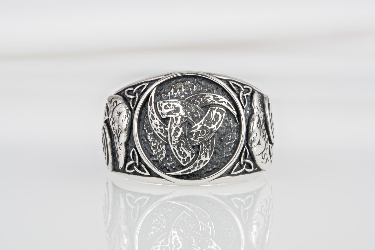 vkngjewelry Ring Handcrafted Odin Horns Ancient Ravens Side Sterling Silver Ring