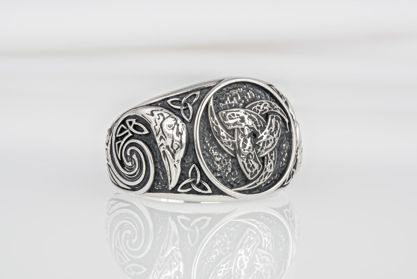 vkngjewelry Ring Handcrafted Odin Horns Ancient Ravens Side Sterling Silver Ring