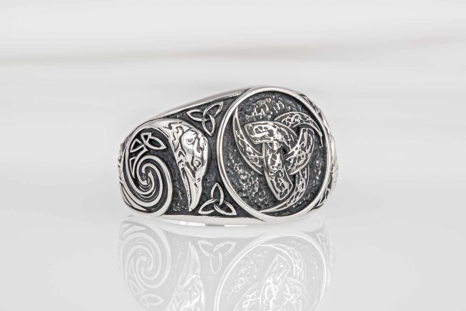 vkngjewelry Ring Handcrafted Odin Horns Ancient Ravens Side Sterling Silver Ring