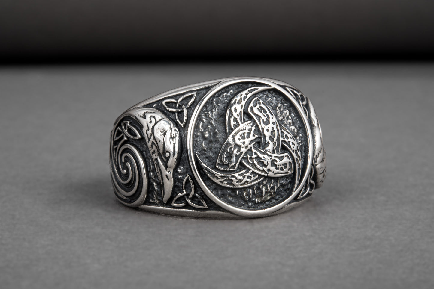 vkngjewelry Ring Handcrafted Odin Horns Ancient Ravens Side Sterling Silver Ring