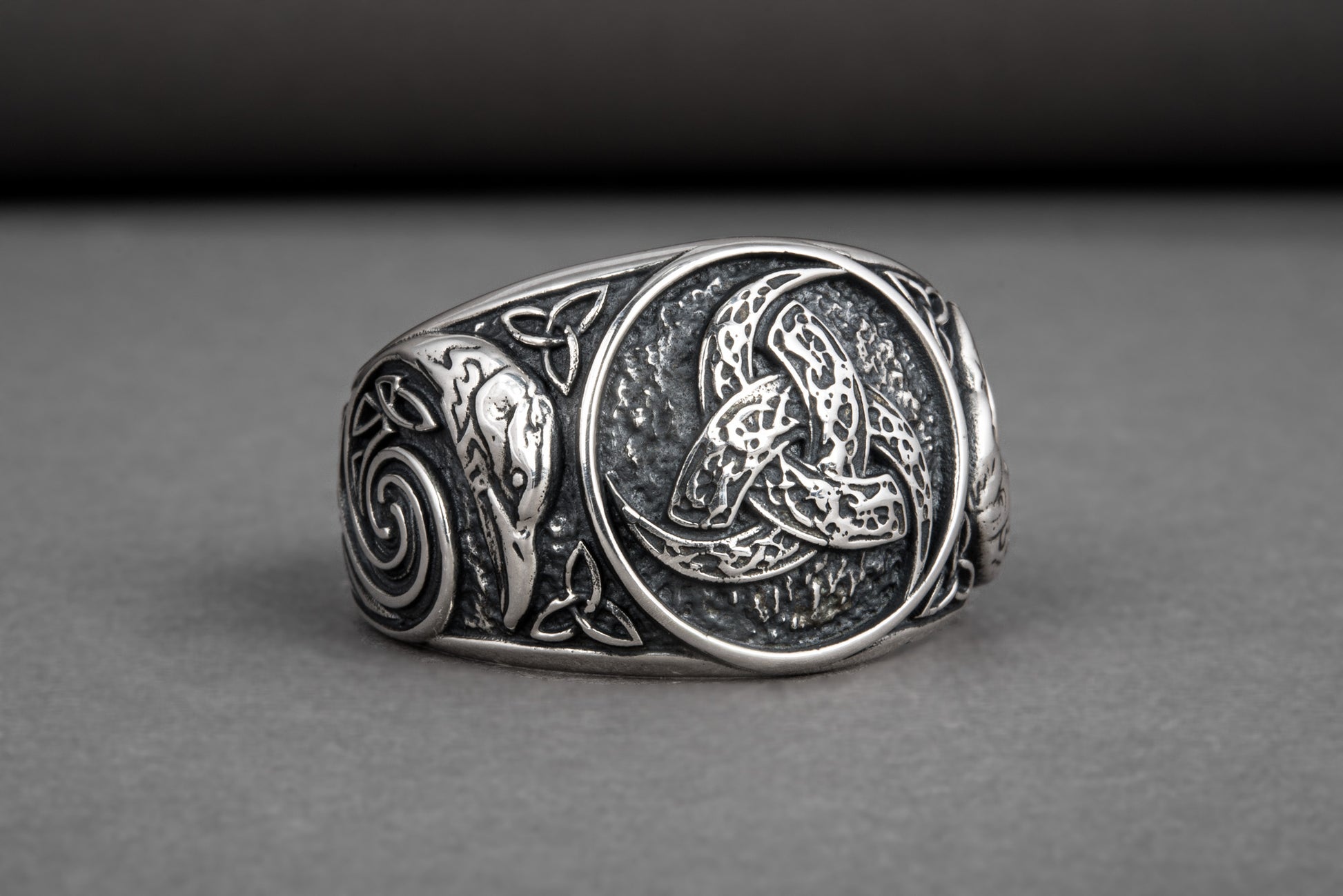 vkngjewelry Ring Handcrafted Odin Horns Ancient Ravens Side Sterling Silver Ring