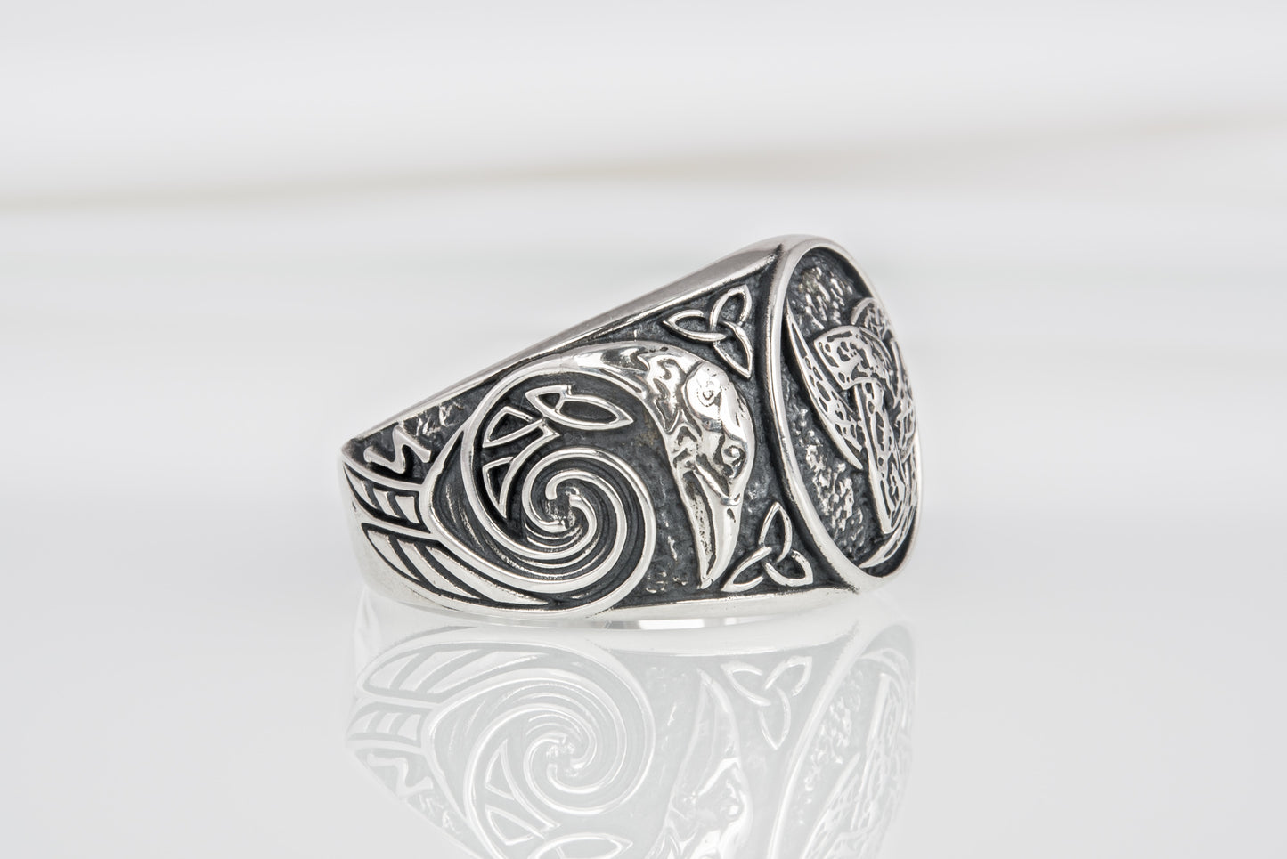 vkngjewelry Ring Handcrafted Odin Horns Ancient Ravens Side Sterling Silver Ring