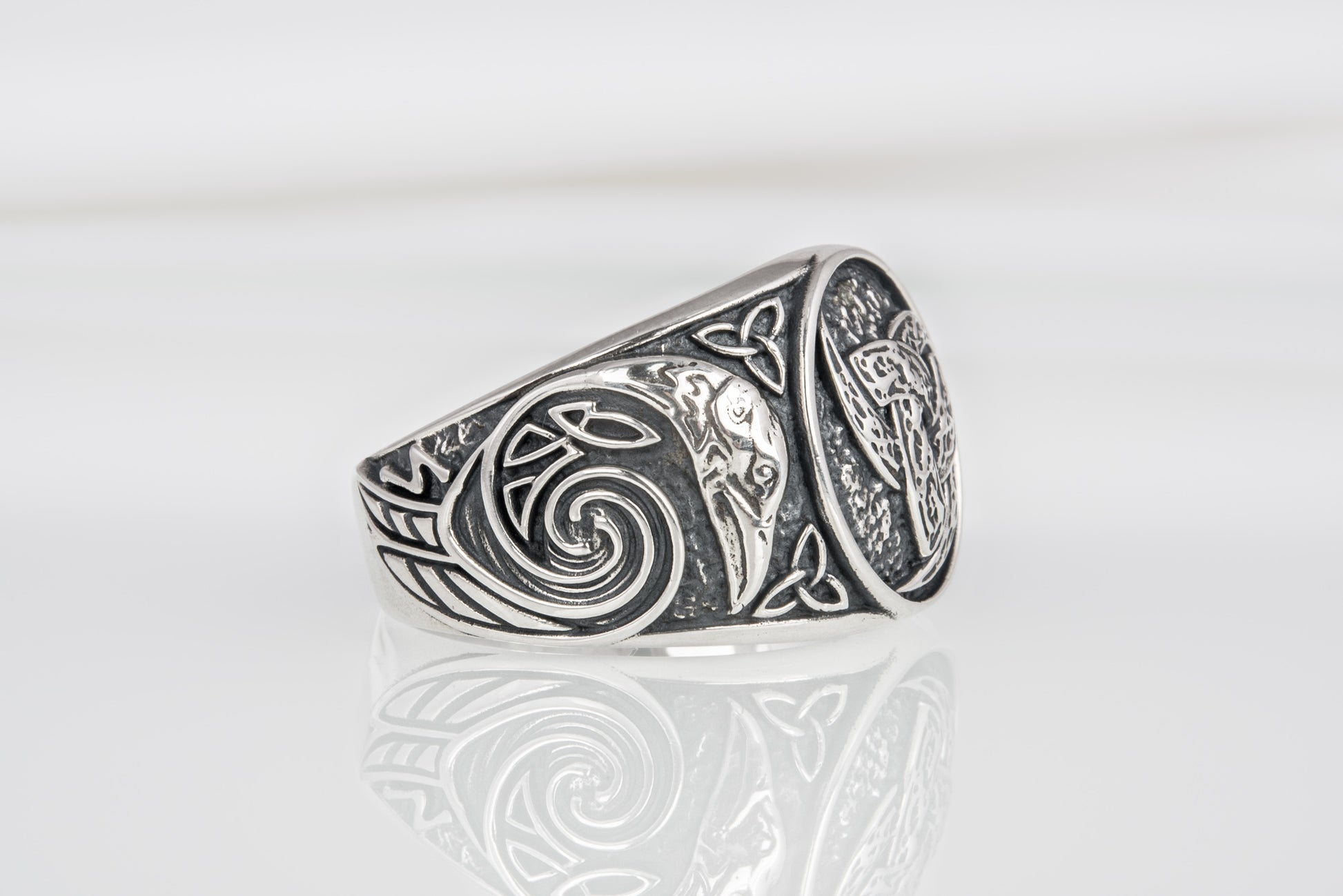 vkngjewelry Ring Handcrafted Odin Horns Ancient Ravens Side Sterling Silver Ring