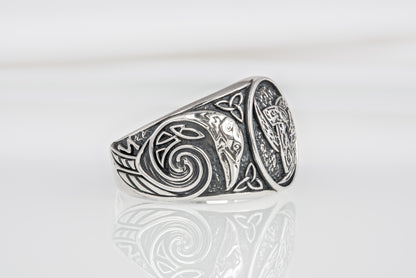 vkngjewelry Ring Handcrafted Odin Horns Ancient Ravens Side Sterling Silver Ring