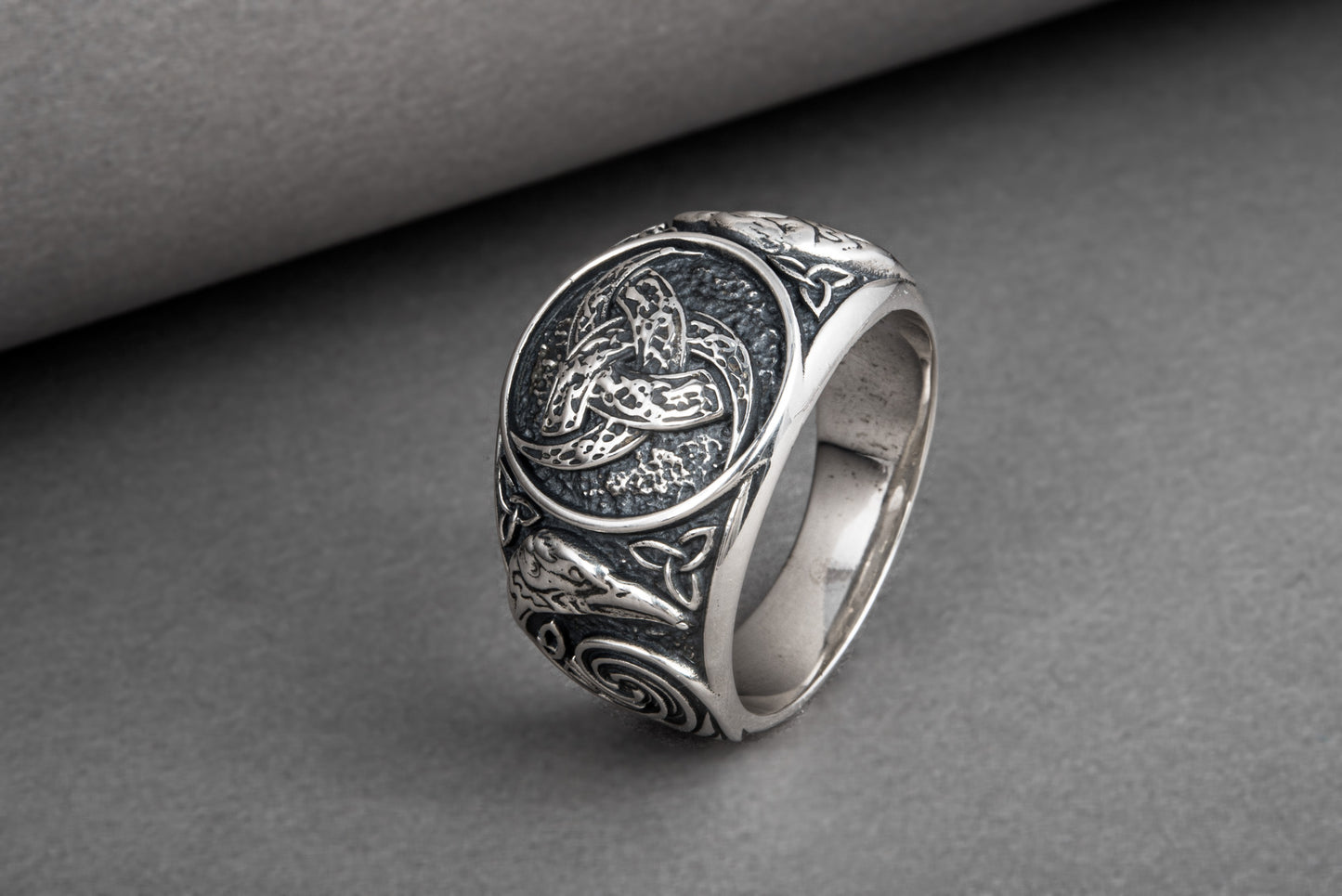 vkngjewelry Ring Handcrafted Odin Horns Ancient Ravens Side Sterling Silver Ring