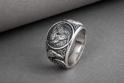 vkngjewelry Ring Handcrafted Odin Horns Ancient Ravens Side Sterling Silver Ring