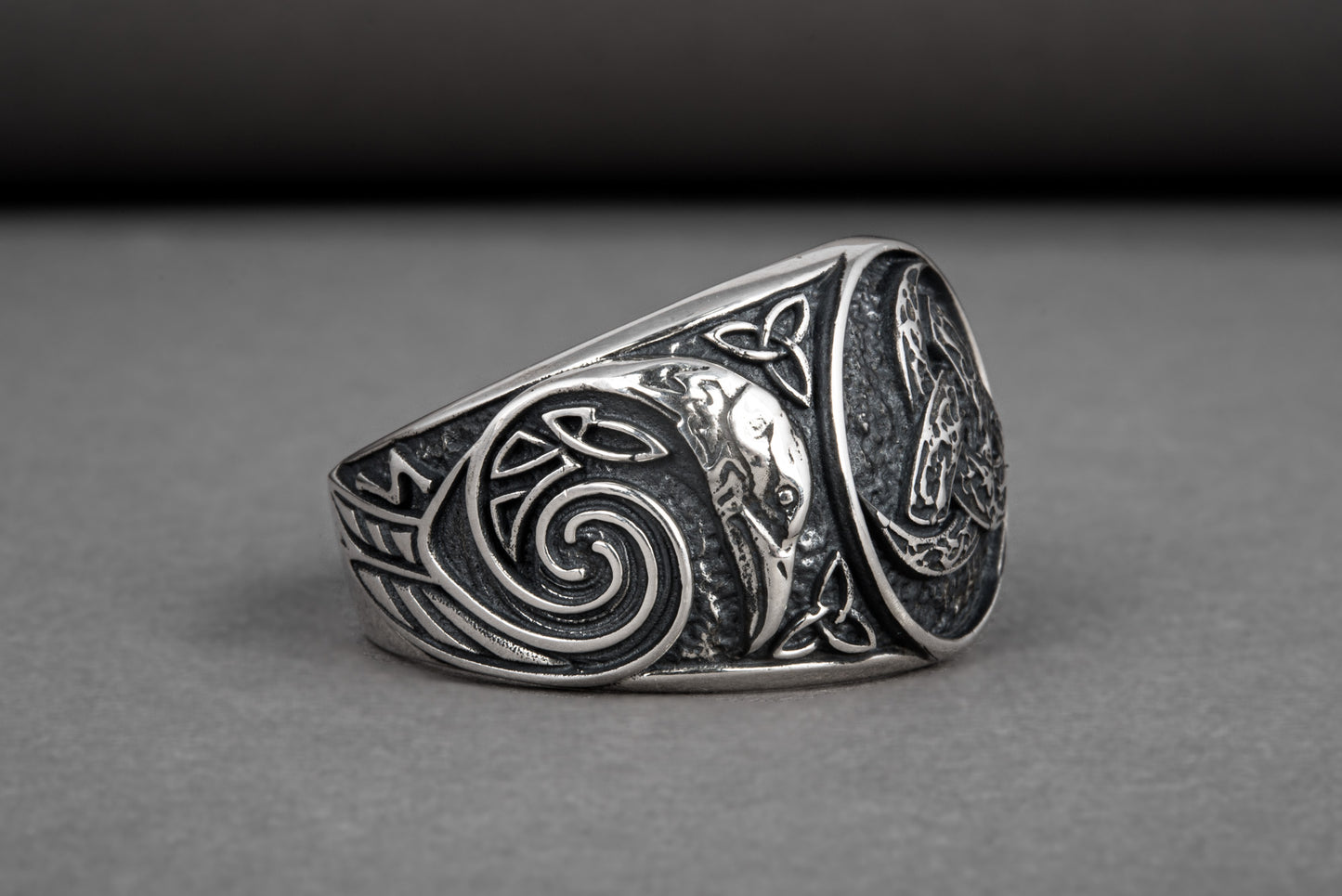 vkngjewelry Ring Handcrafted Odin Horns Ancient Ravens Side Sterling Silver Ring