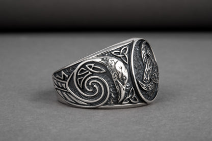 vkngjewelry Ring Handcrafted Odin Horns Ancient Ravens Side Sterling Silver Ring