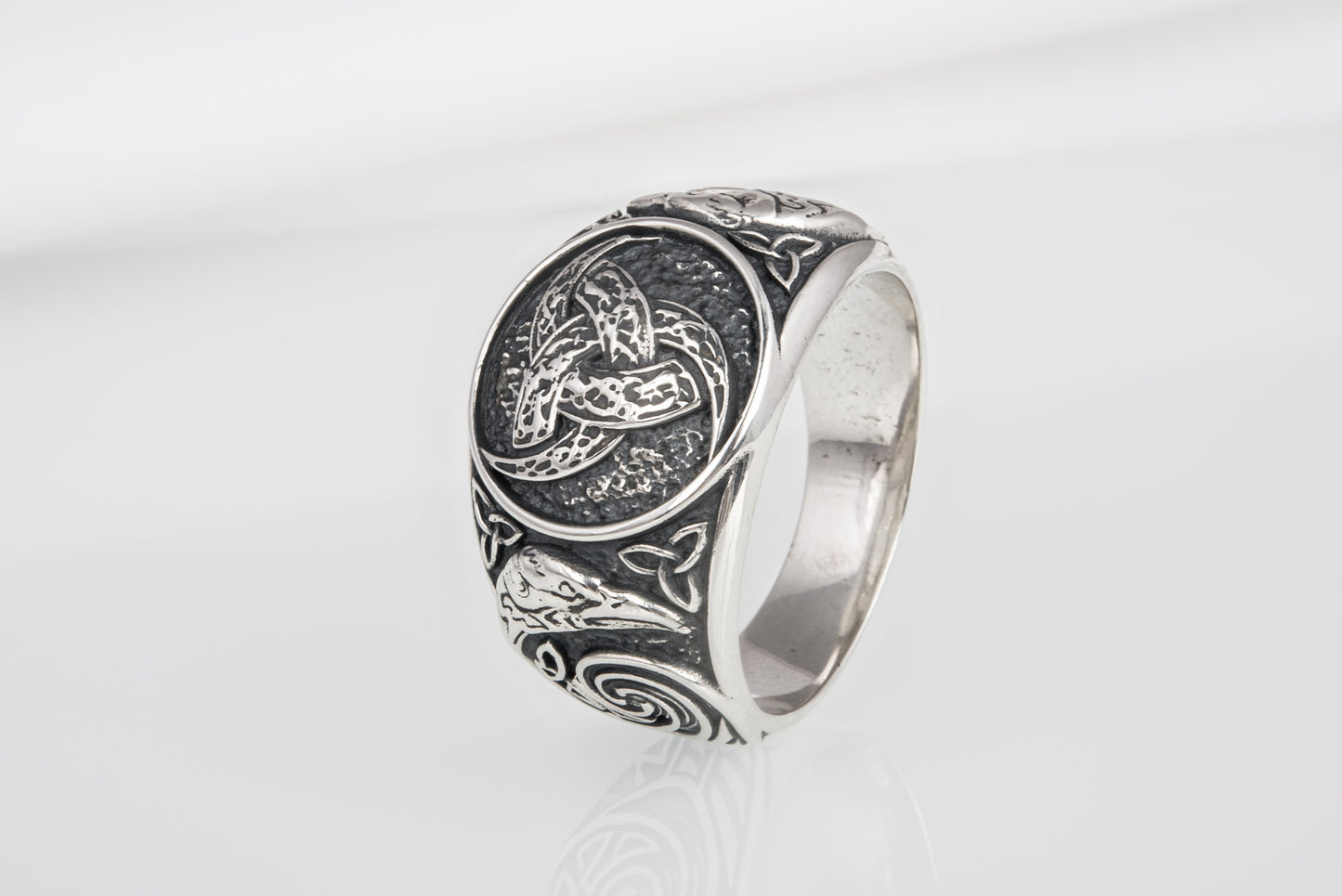 vkngjewelry Ring Handcrafted Odin Horns Ancient Ravens Side Sterling Silver Ring