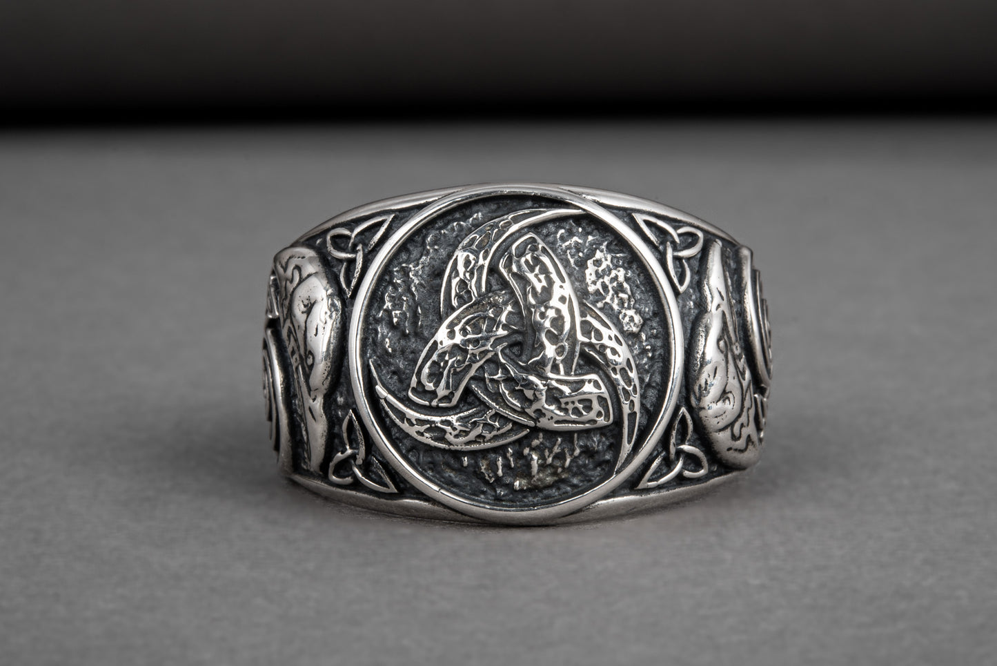 vkngjewelry Ring Handcrafted Odin Horns Ancient Ravens Side Sterling Silver Ring