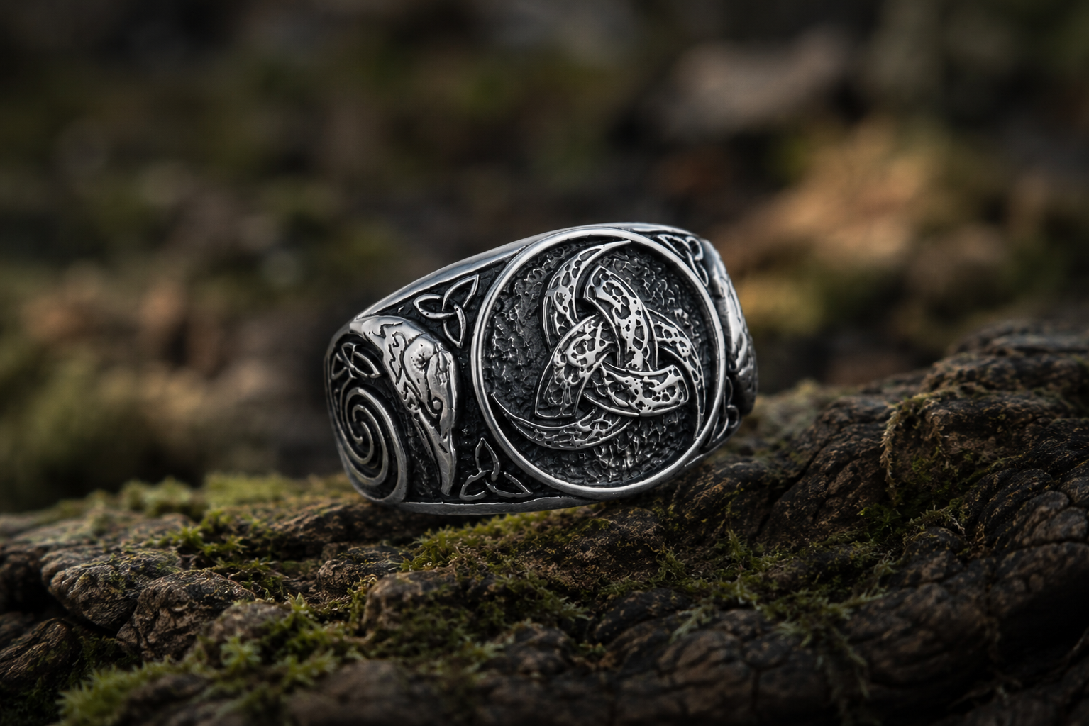vkngjewelry Ring Handcrafted Odin Horns Ancient Ravens Side Sterling Silver Ring