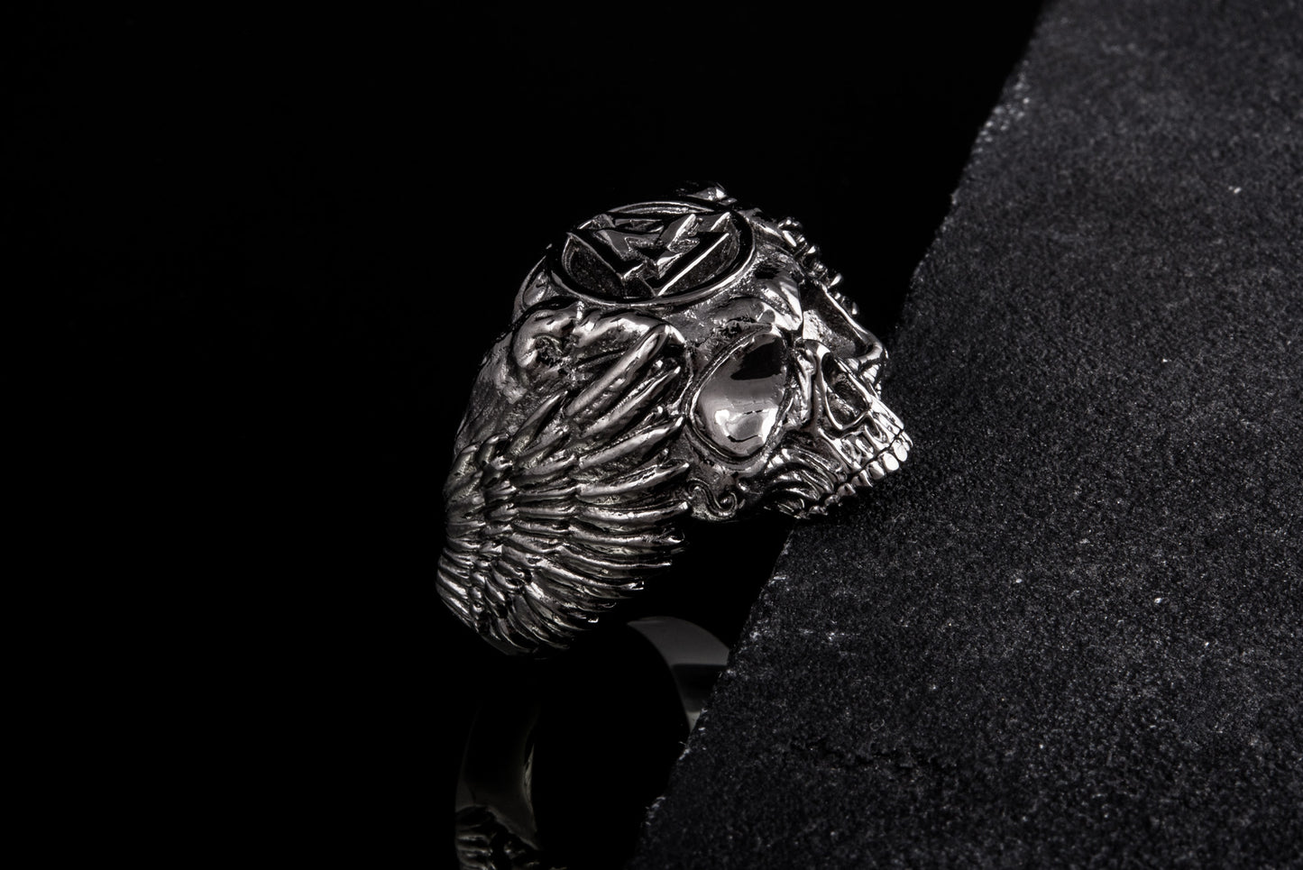 vkngjewelry Ring Handcrafted Odin's Skull Valknut Ruthenium Plated Sterling Silver Ring