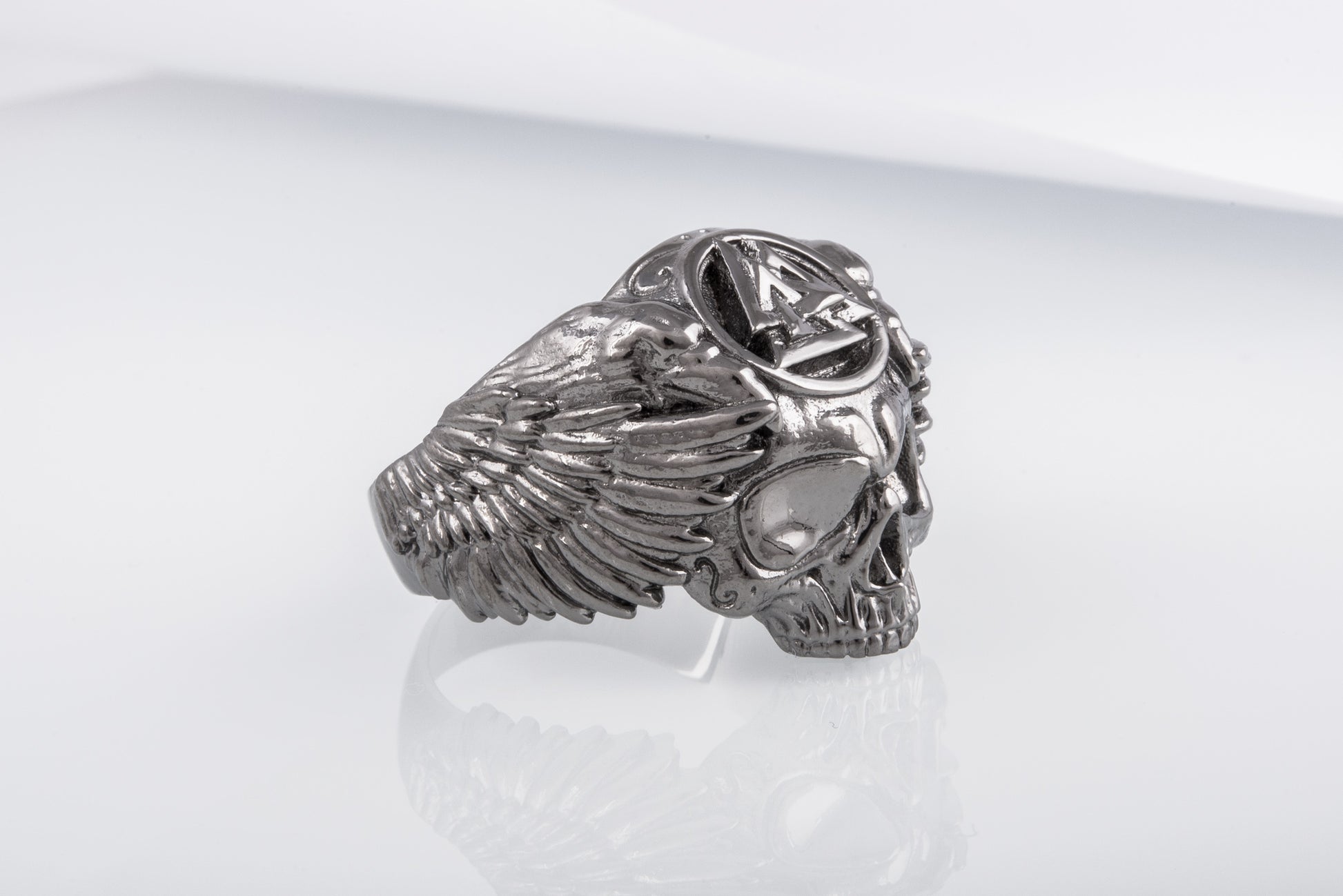 vkngjewelry Ring Handcrafted Odin's Skull Valknut Ruthenium Plated Sterling Silver Ring