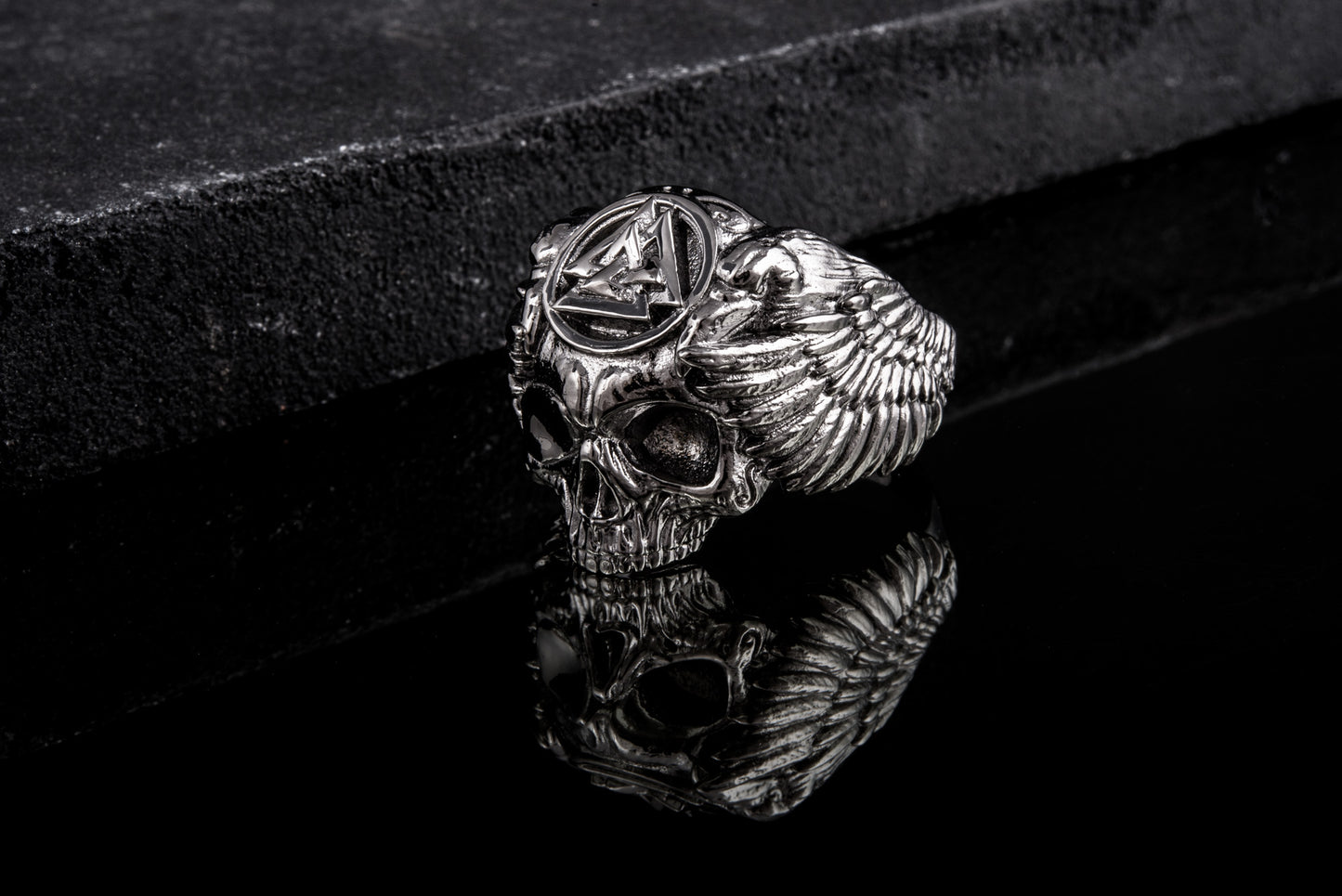 vkngjewelry Ring Handcrafted Odin's Skull Valknut Ruthenium Plated Sterling Silver Ring