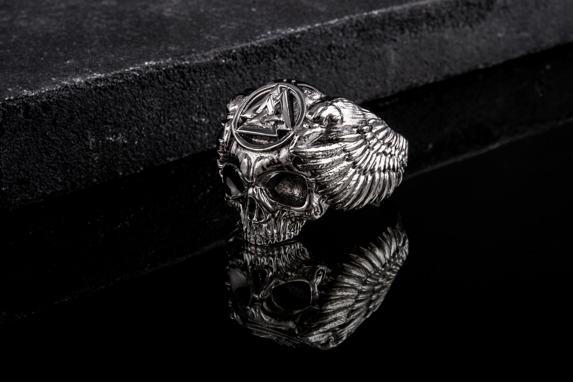 vkngjewelry Ring Handcrafted Odin's Skull Valknut Ruthenium Plated Sterling Silver Ring